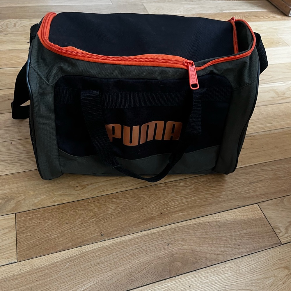 PUMA Black and Olive Duffel / Gym Bag with Orange Accents
